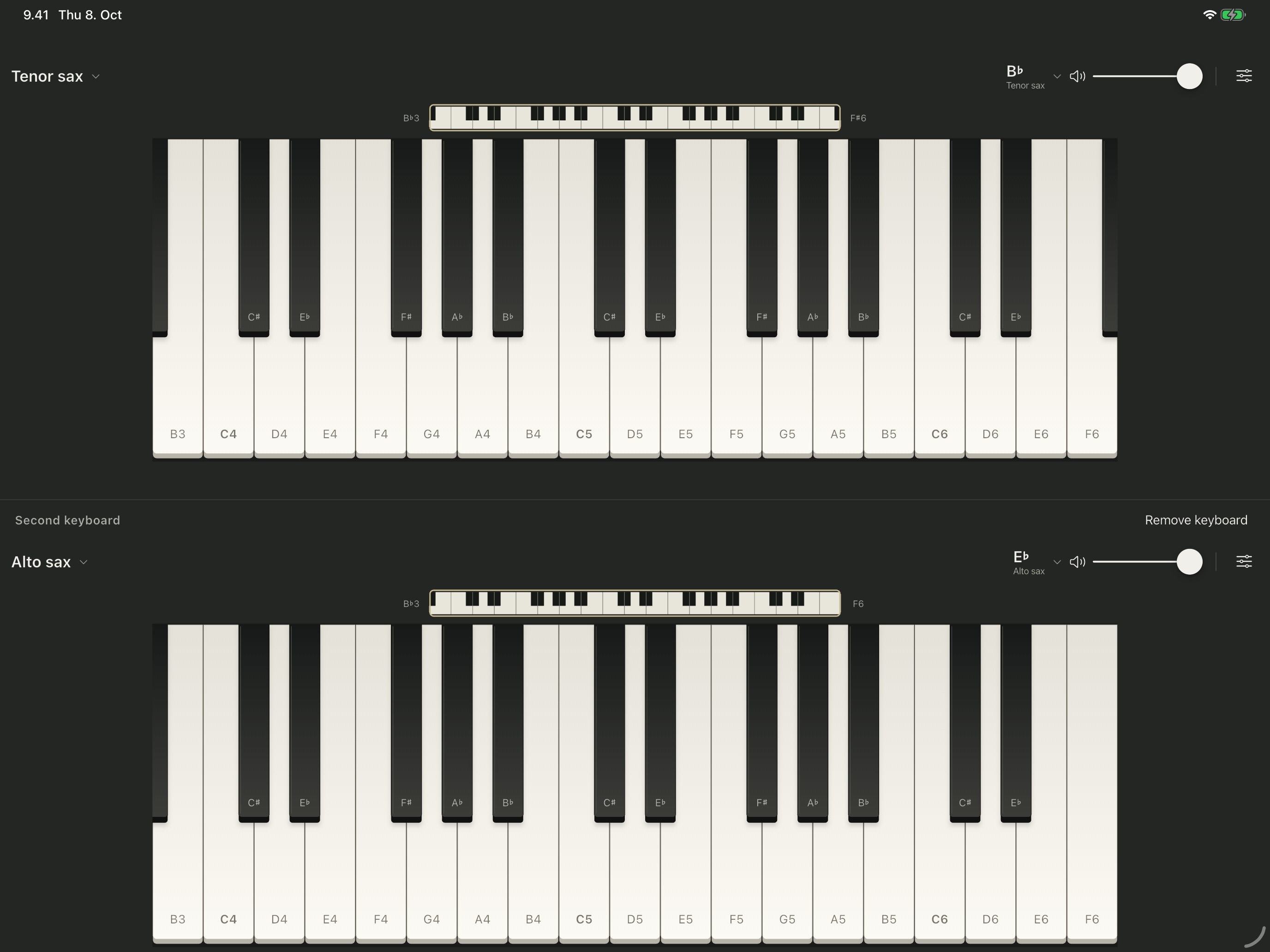 Two keyboards on iPad, with separate tenor sax and alto sax sounds and tunings