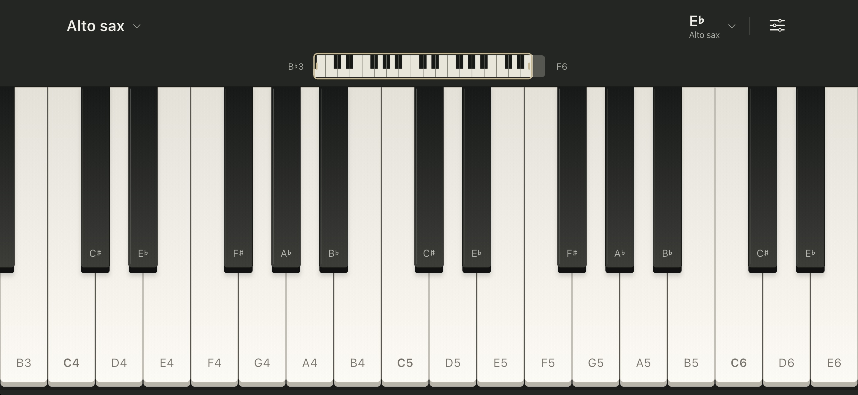 Piano Transpose on iPhone, showing an alto sax keyboard with E-flat tuning