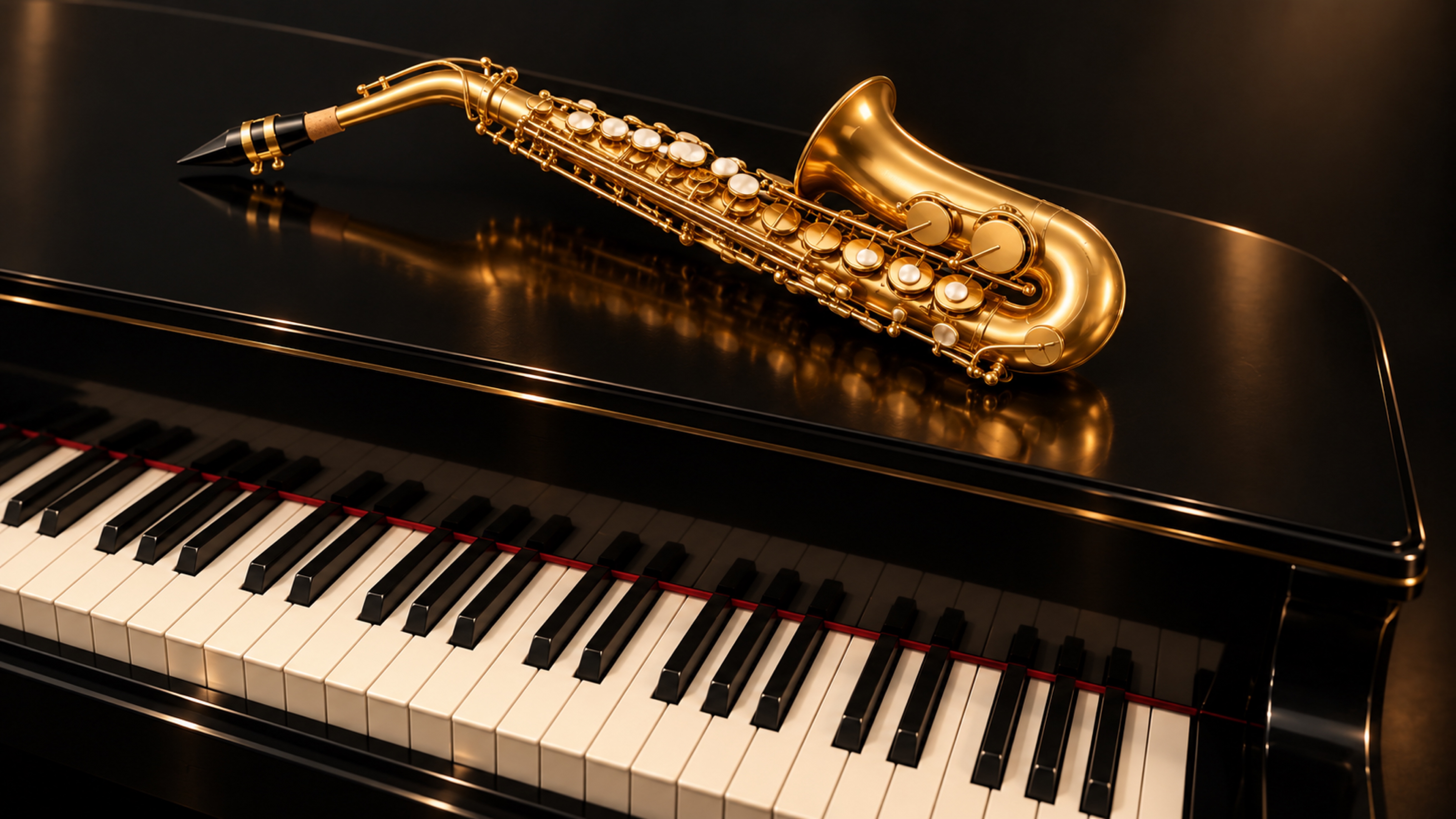 A golden saxophone resting on a black grand piano